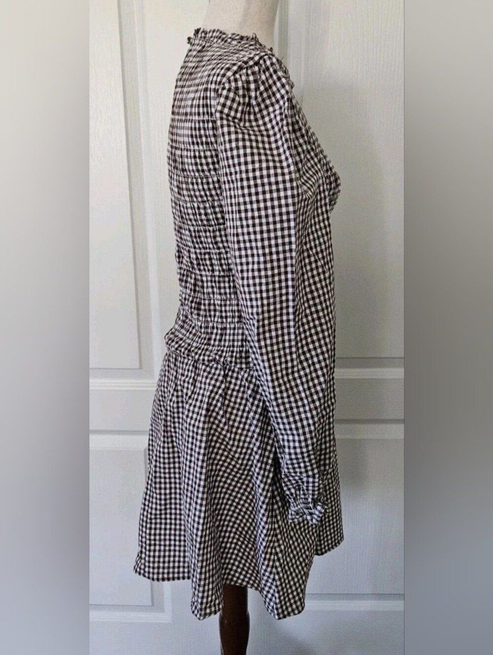 CUPSHE Brown Gingham Smocked Puff Sleeve Mini Dress NWT M - Picture 5 of 9